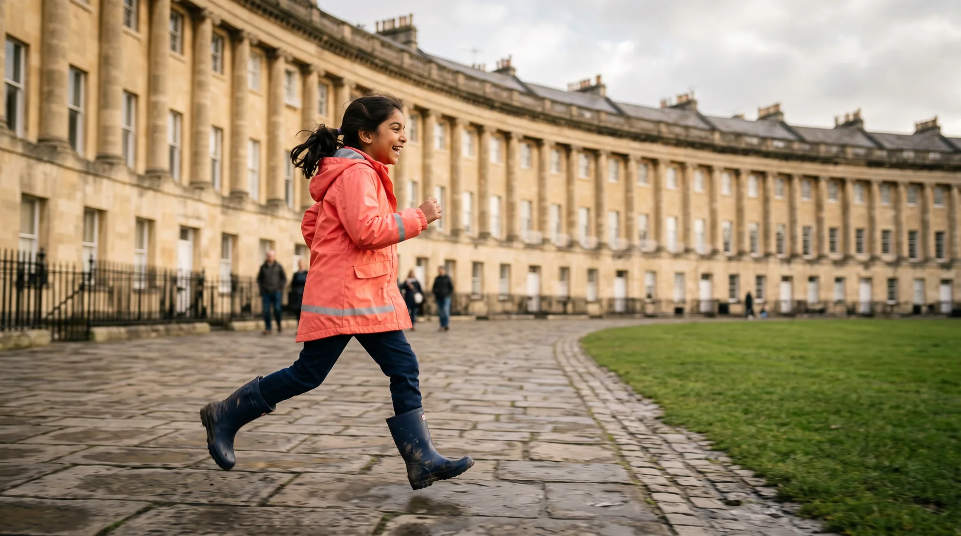 A young girl in a coral raincoat and wellies running and laughing along the pavement in front of the Royal Crescent in Bath