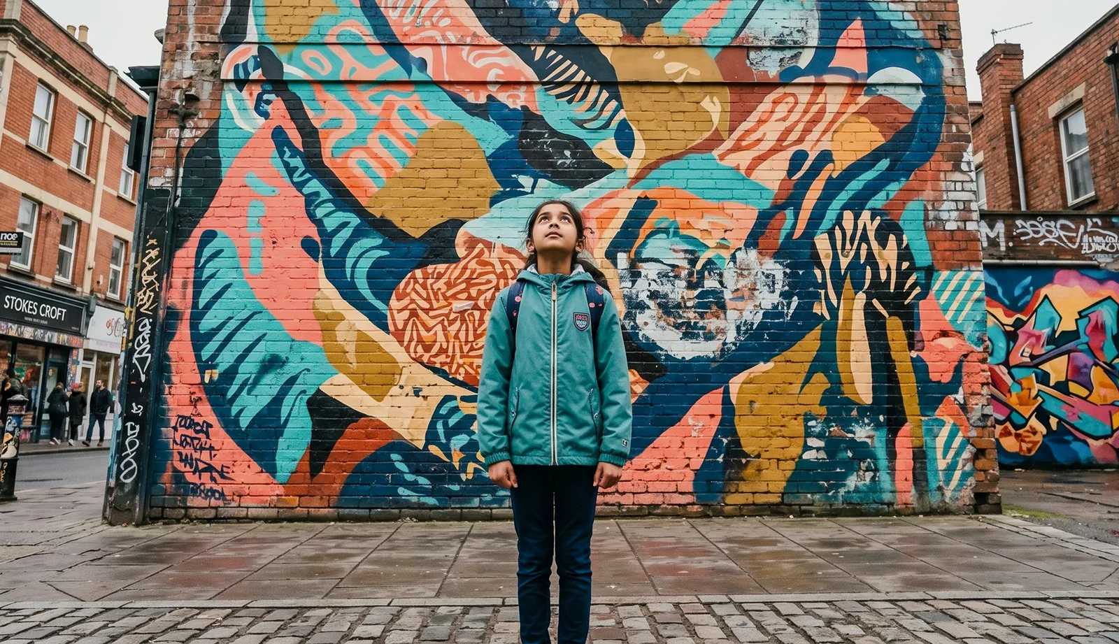 A young girl in a teal jacket looking up at a large, colourful mural of birds on a brick wall in Stokes Croft, Bristol