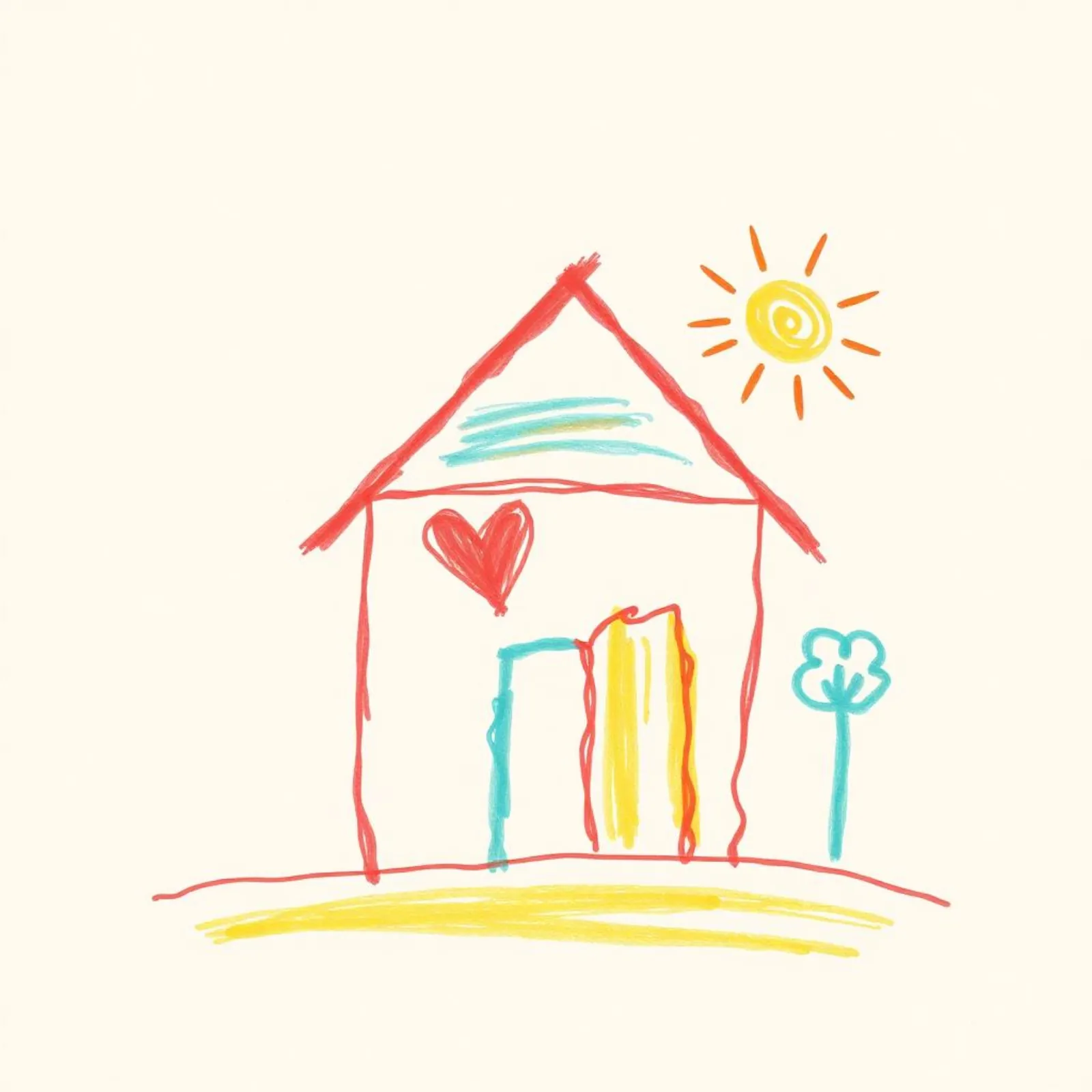 Child's crayon drawing of a house with a heart and sun