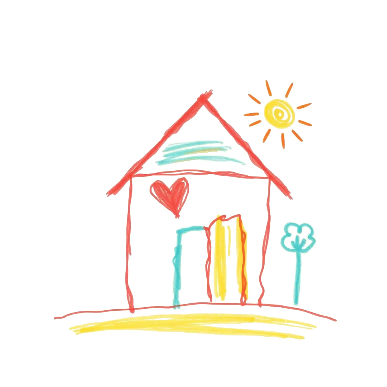 Child's crayon drawing of a house with a heart and sun