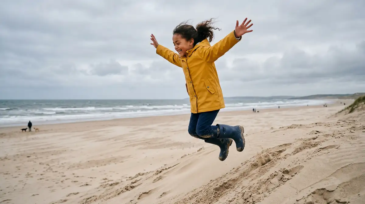 A young girl in a yellow raincoat and wellies leaps joyfully into the air on a windswept beach, arms outstretched, with the sea and cloudy sky behind her