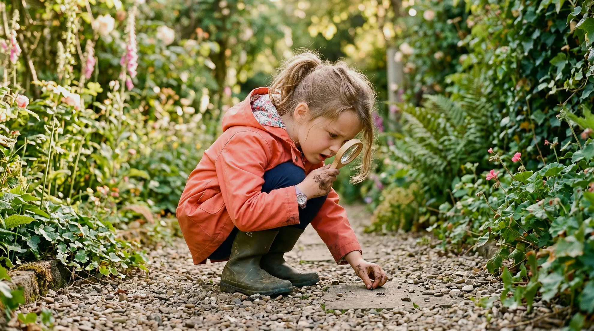 A young girl in an orange raincoat and wellies crouching on a gravel garden path, examining an ant through a magnifying glass