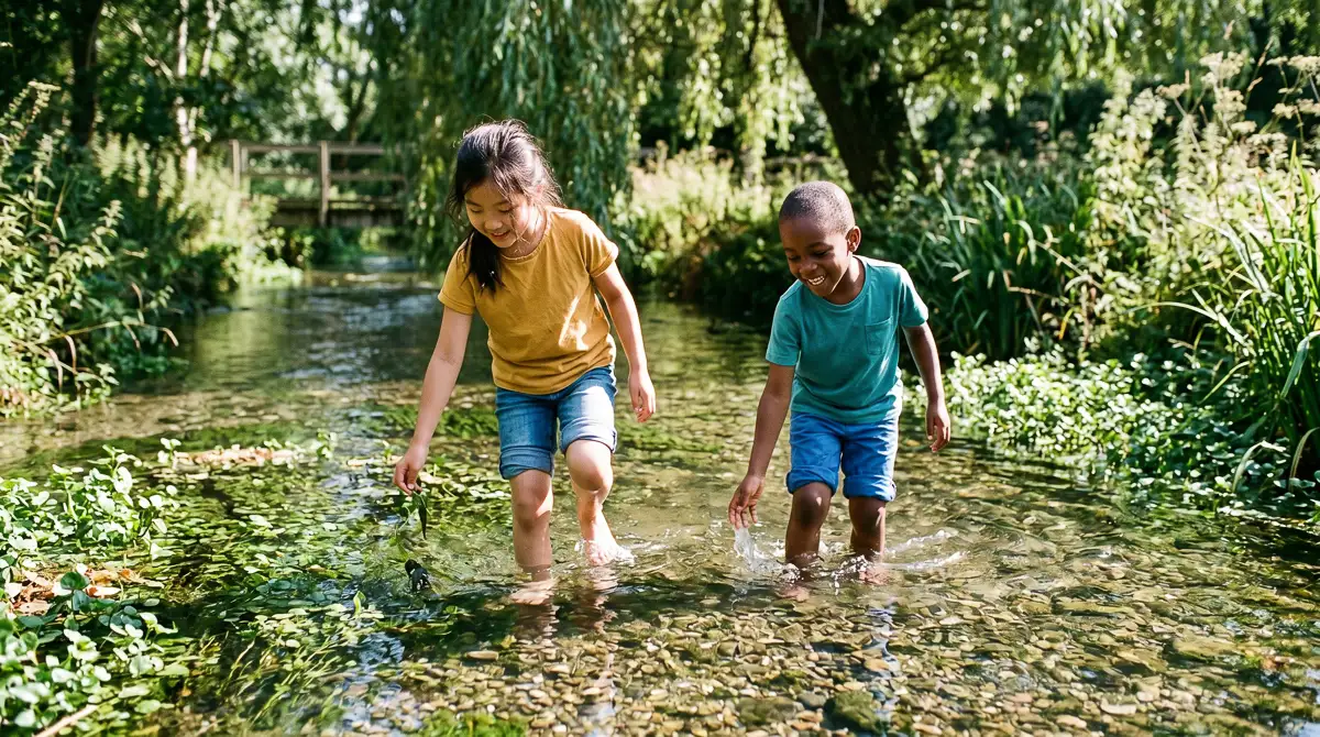 A girl in a mustard T-shirt and a boy in a teal T-shirt paddle barefoot through a shallow, sunlit stream together, surrounded by overhanging willow and reeds