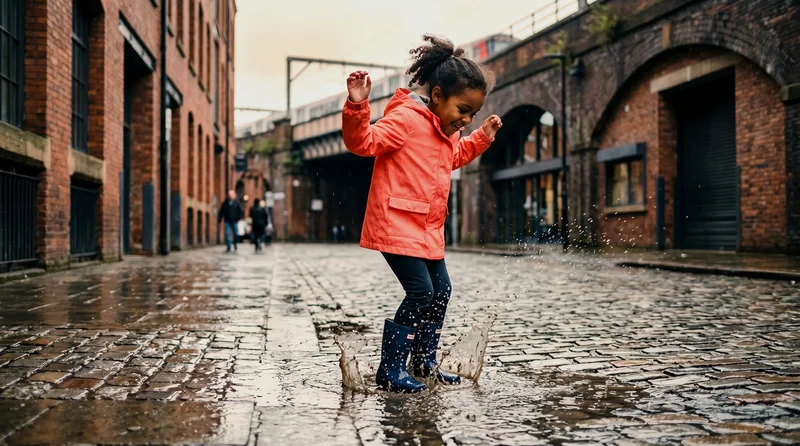 A young girl in a bright coral raincoat jumping in a puddle on a Manchester cobblestone street