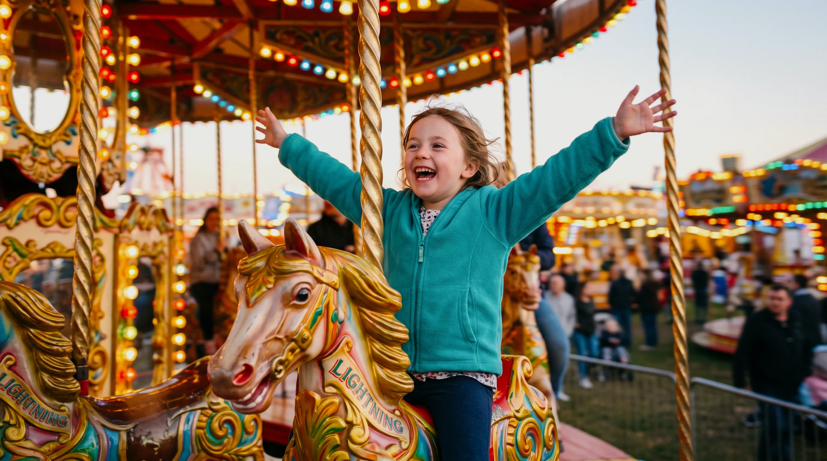 Young girl in a teal jacket laughing with her arms raised in delight while riding a colourful carousel horse named Lightning, with fairground lights glowing behind her