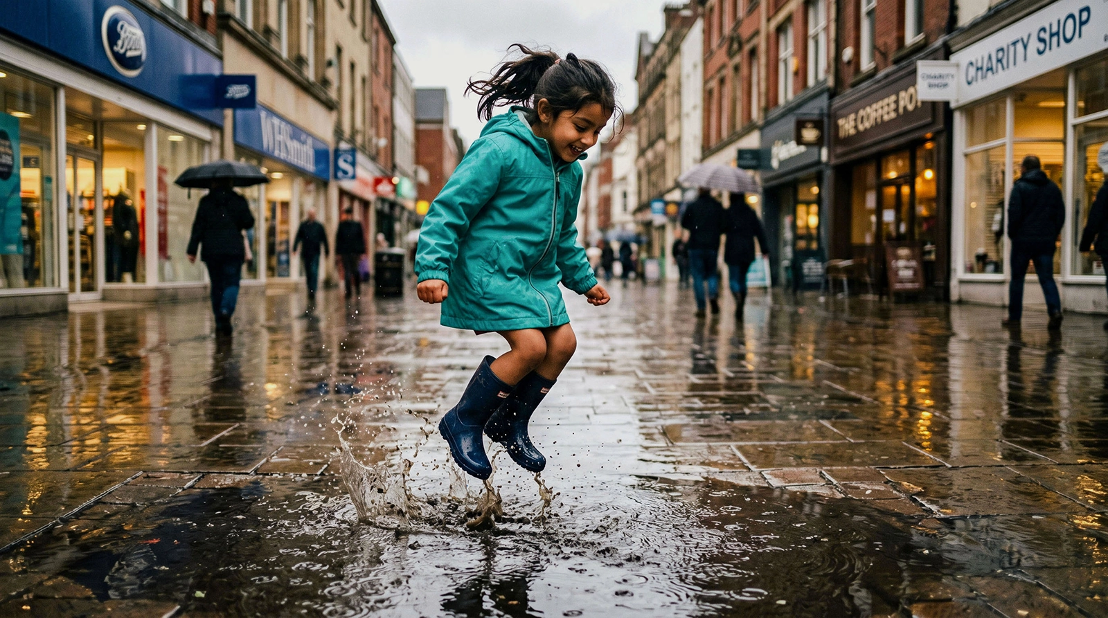 A young girl in a teal raincoat joyfully splashing in a puddle on a Birmingham high street