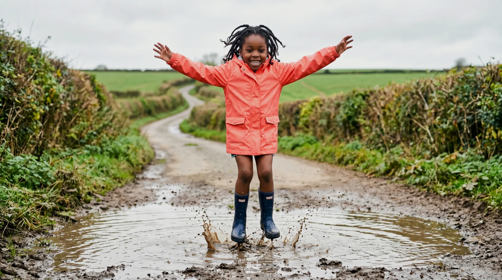 Young girl with braided hair, wearing a coral raincoat and navy wellington boots, jumping joyfully with arms raised in a muddy puddle on a rural country lane between hedgerows, with green fields in the background